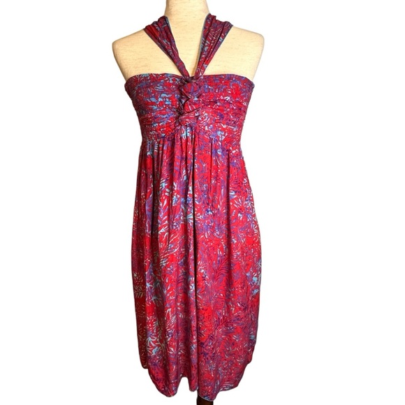 Hula Hula Red Blue Strapless Halter Dress Tie Neck O/S Made in‎ Hawaii Tropical - Picture 1 of 11